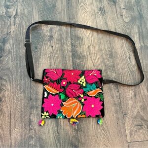 Embroidered Over The Shoulder Flower Bright Colored Purse Orange and Pink